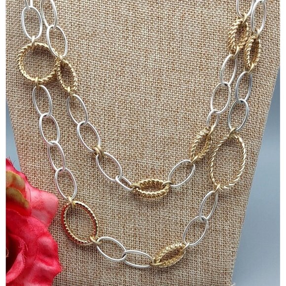 Talbot's Chunky Chain Double Strand Two Tone Statement Necklace Smooth Twisted - Picture 3 of 9